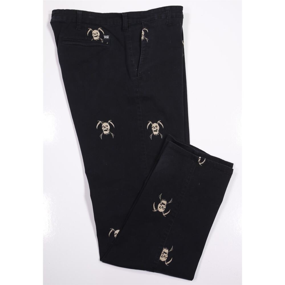 Liquid Death Men Black Skull Logo Throughout Flat Front Cotton Chino Pants 34x32